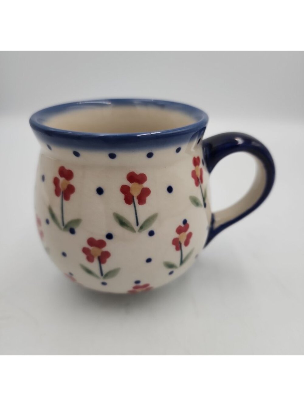 Polish Pottery 8 oz Bubble Coffee Tea Mug Water  Floral White Blue